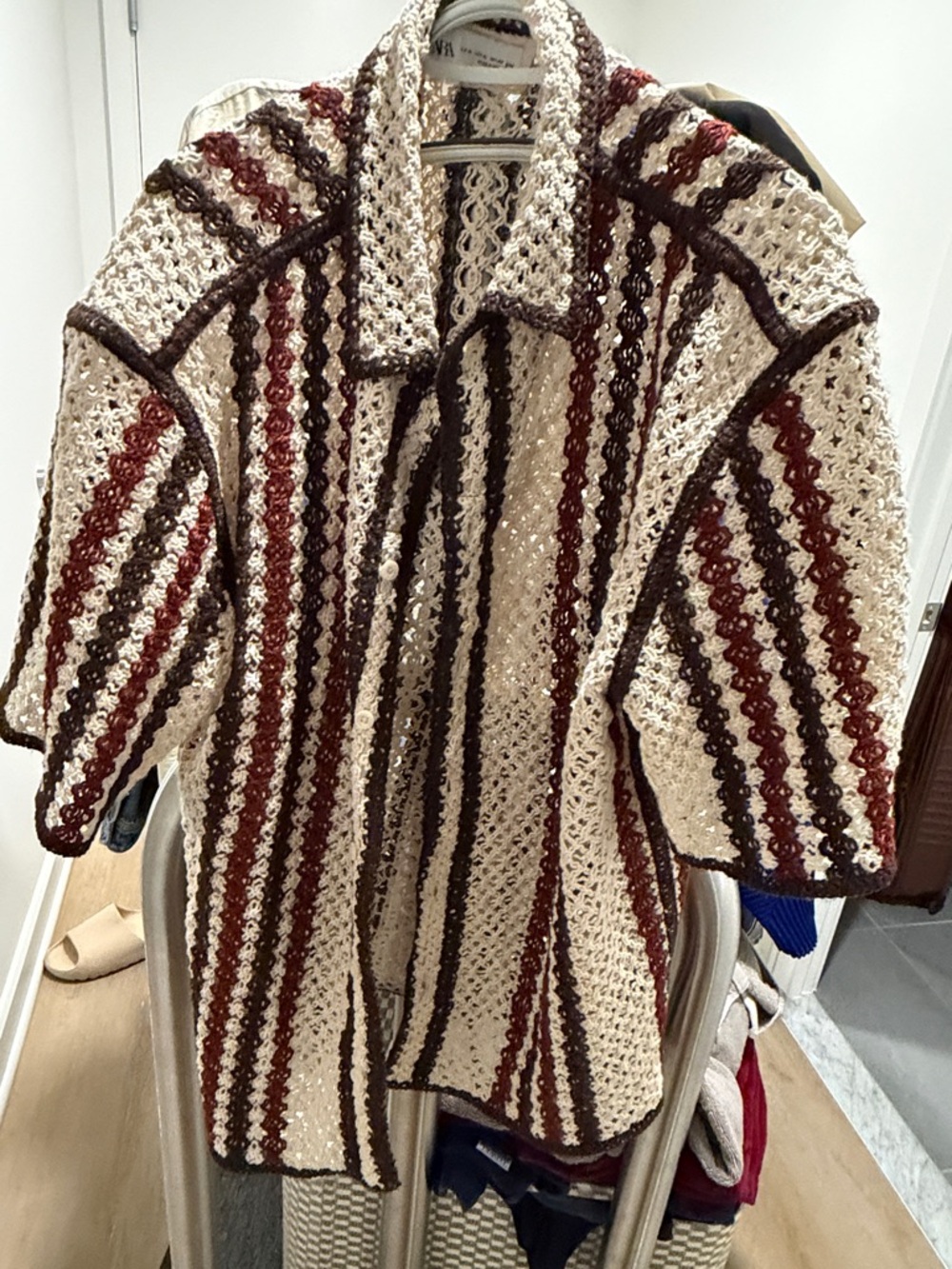 ZARA Cream Crochet Top with Dark Brown Trim